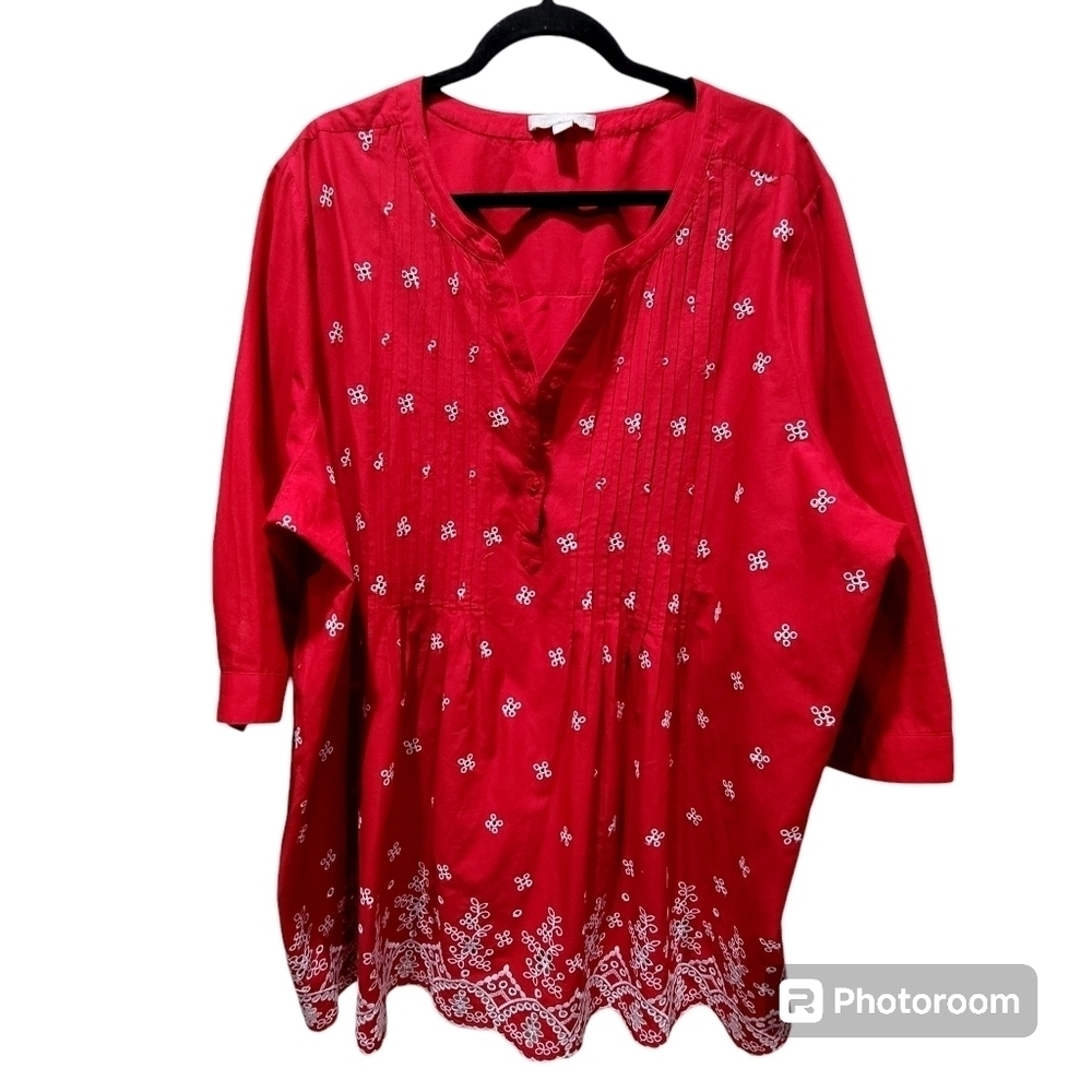 26/28 100% Cotton Embroidered Red Tunic Blouse VNeck Boho Summer